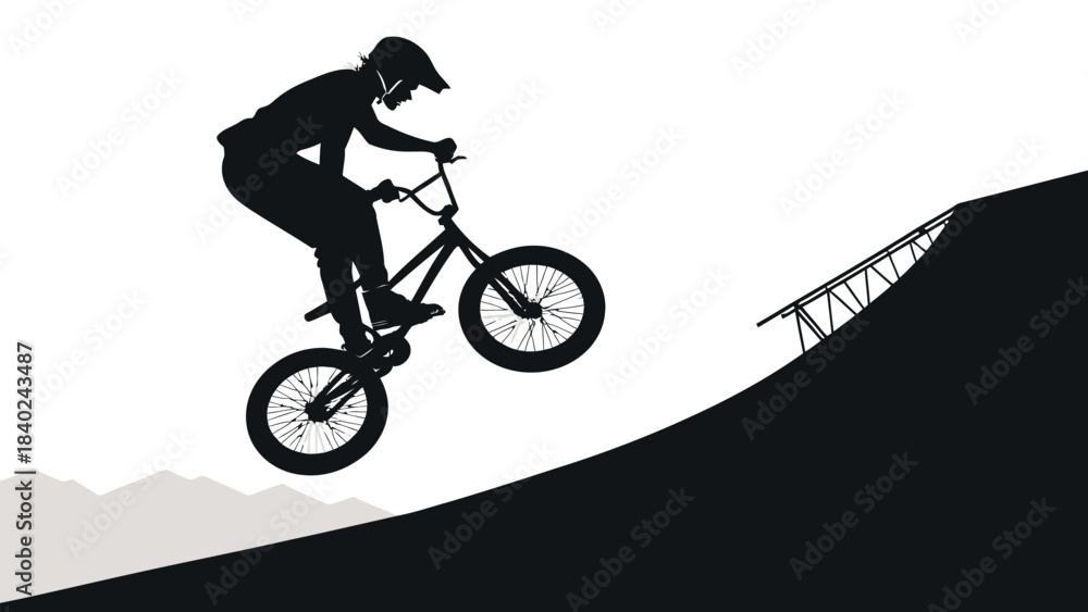 Fototapeta premium Extreme BMX Rider Silhouette Vector Performing Stunt on Bicycle, Capturing Adrenaline and Daring Urban Sports Action.
