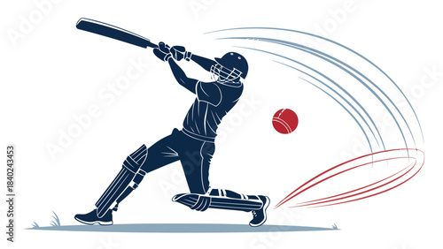 Dynamic Cricket Batsman Silhouette Vector Swinging Bat with Force, Capturing the Iconic Action of the Bat-and-Ball Sport.