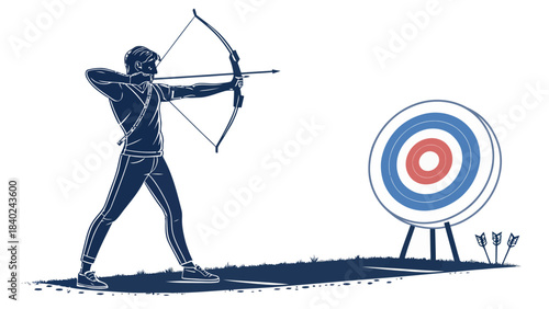 Focused Archery Athlete Silhouette Vector Aiming Bow and Arrow, Depicting Precision and Concentration in a Target Sport.