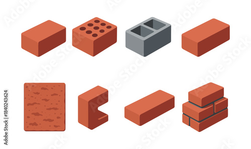 Brick and block types, construction materials set, flat vector illustration