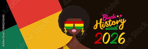 Black history month 2026 horizontal banner with afro American woman face isolated on abstract geometric background. Black history month poster, flyer, background with african girl with sunglasses