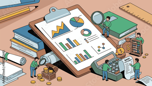Financial accounting and audit concept with small characters examining data