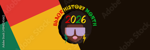 Black history month 2026 horizontal banner with afro American woman face isolated on abstract geometric background. Black history month poster, flyer, background with african girl with sunglasses