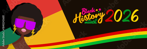 Black history month 2026 horizontal banner with afro American woman face isolated on abstract geometric background. Black history month poster, flyer, background with african girl with sunglasses