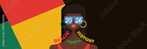 Black history month 2026 horizontal banner with afro American woman face isolated on abstract geometric background. Black history month poster, flyer, background with african girl with sunglasses