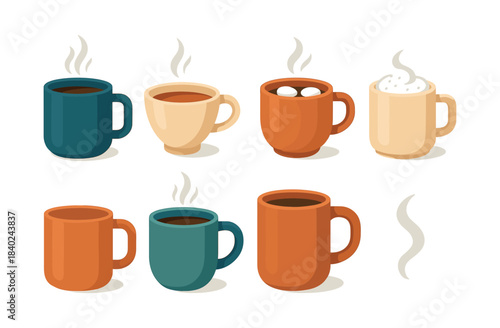 Coffee mug collection, steaming hot drinks, flat vector illustration, warm beverage selection