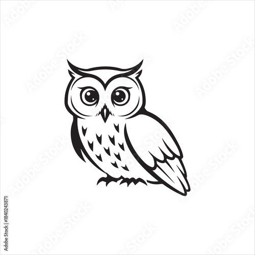 A black and white outline illustration of a majestic, wise owl
