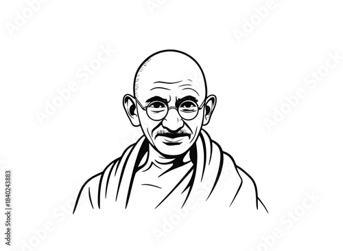 Monochrome Line Art Vector Portrait Of Mahatma Gandhi The Father Of The Nation Against A Clean White Background Representing Peace Nonviolence Independence Struggle And Indian National History