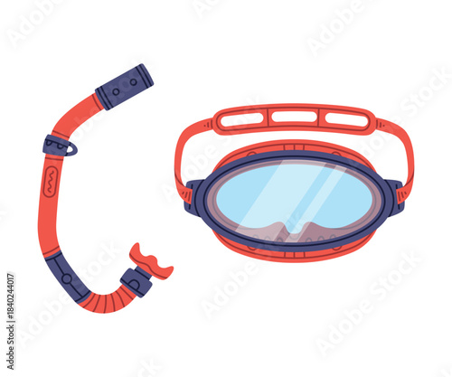 Red Swimming Mask and Goggles for Diving Underwater with Breathing Tube Vector Illustration