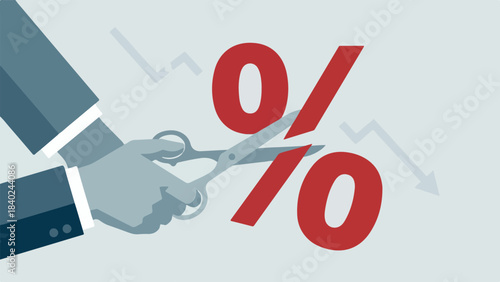 Businessman's hand cutting percentage sign, symbolizing financial reduction