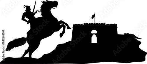 Vector Silhouette Of Chhatrapati Shivaji Maharaj On Horseback Against The Backdrop Of A Fort Representing Maratha Empire History Power Valor And Indian Military Strategy In Traditional Era