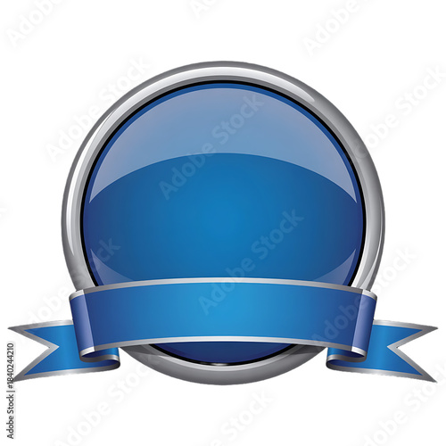 Shiny blue round badge design element with a silver rim and an empty blue ribbon banner