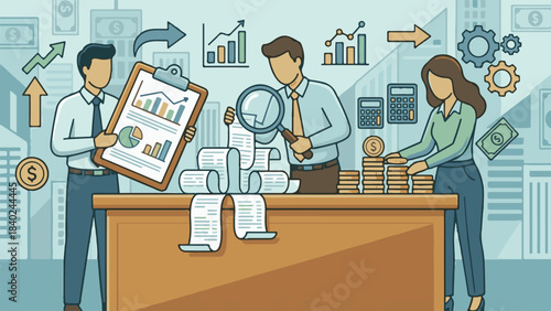 Team of business professionals working on financial analysis and growth