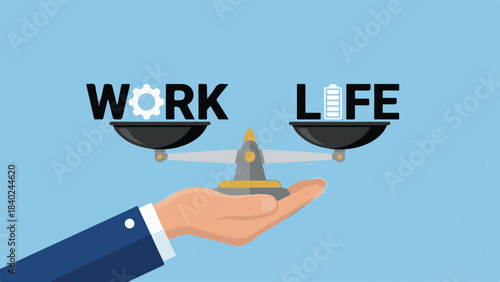 Illustration of work-life balance concept on a weighing scale held by hand