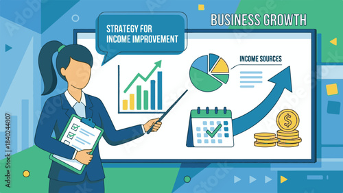 Businesswoman explaining income improvement and growth strategy presentation