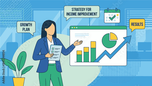 Businesswoman Explaining Income Improvement Strategy and Growth Plan
