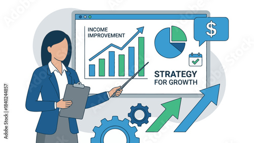 Businesswoman presenting financial growth strategy and income improvement