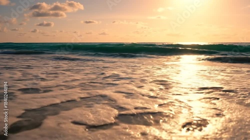 Golden Hour Waves - Serene Beach Scenery at Sunset.