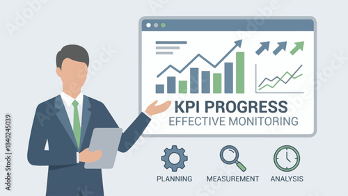 Business professional presenting KPI progress and data monitoring with charts