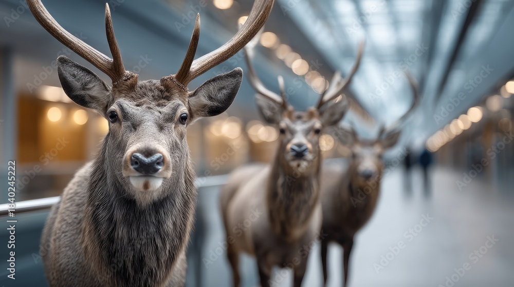 Obraz premium Three striking deer wander through a contemporary indoor environment, showcasing their beauty in a unique setting