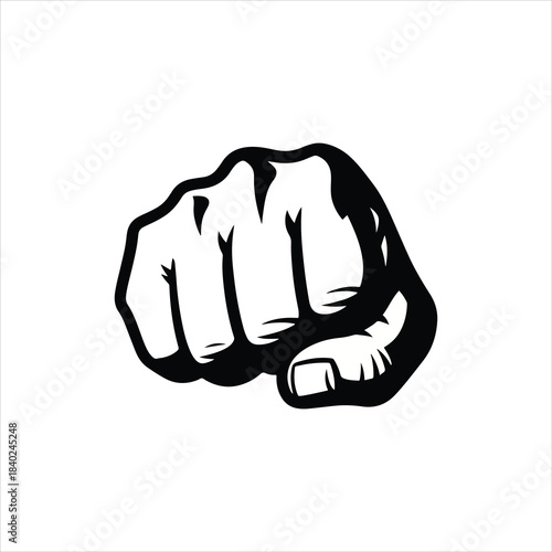 A stylized black and white illustration of a clenched fist