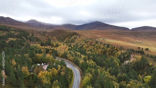 Aerial view of sugar bowl carpark for the reindeer center in the cairngorms, scotland.