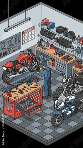 Isometric Garage Scene with Mechanic and Motorcycles.