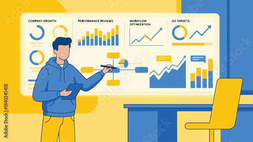 Professional Man Analyzing Business Data and Growth on Interactive Screen