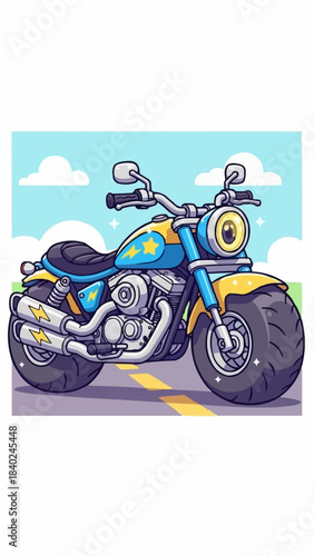 Vibrant Cartoon Motorcycle Illustration on Road.