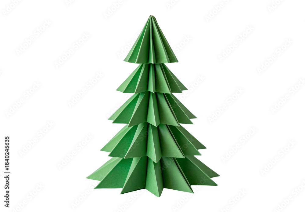 Fototapeta premium Green paper origami Christmas tree with geometric folded layers, isolated on a transparent background