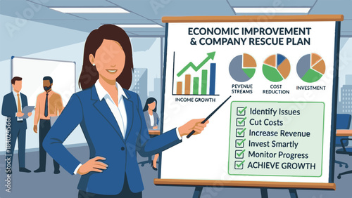 Businesswoman presenting economic improvement and company growth strategy