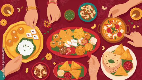 Traditional Indian Festival Feast with Hands Sharing Sweets & Savories