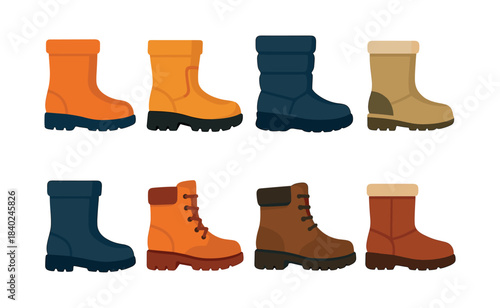 Winter boots collection, flat vector illustration of footwear designs