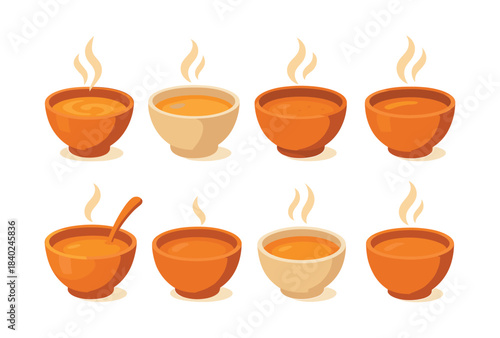 Soup bowl collection with steam, flat vector illustration, different bowl designs