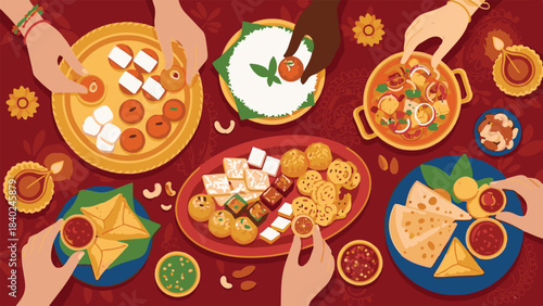 Traditional Indian Festive Feast with People Sharing Food and Sweets