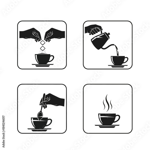 “Coffee Preparation Steps Icon Set – Pour, Stir, Serve Hot Beverage Vector”