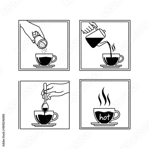 “Coffee Preparation Steps Icon Set – Pour, Stir, Serve Hot Beverage Vector”