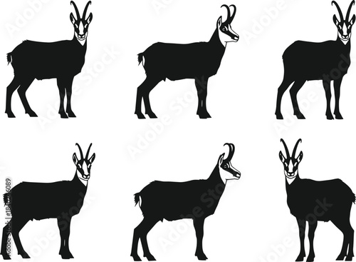 Chamois Silhouettes Collection, Mountain Goat or Antelope Icons, Wild Bovid Mammals Vector Set, Alpine Wildlife, Horned Animals, Nature Graphics