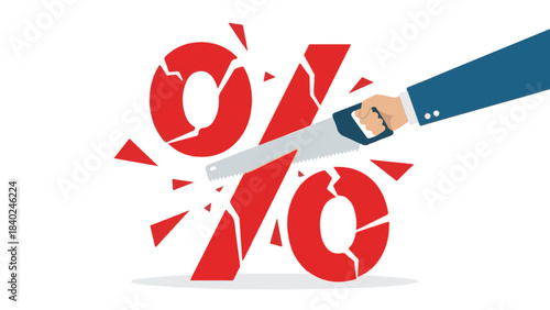 Business hand cutting a red percentage sign with a saw, symbolizing reduction