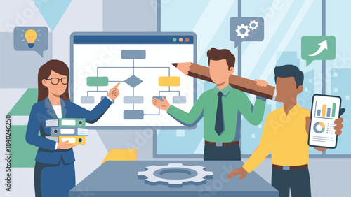 Professional team collaborating on business strategy and process optimization