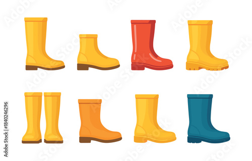 Rain boots collection, footwear designs, puddle jumpers, flat vector illustration