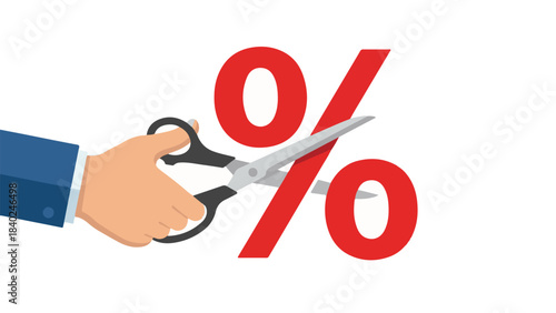 Hand cutting red percentage sign with scissors, symbolizing discount or reduction