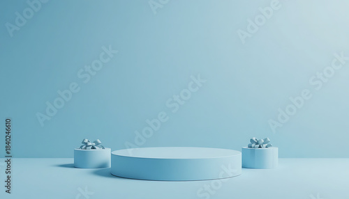 Elegant White Minimal Podium with Crystals on Pastel Blue Background – 8K Render