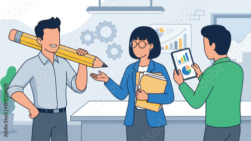 Business Professionals Collaborating on Project with Data and Creativity