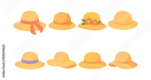 Summer hats collection, flat vector illustration with sun hats, stylish accessories