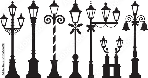 Assortment of Black Silhouette Decorative Street Lamps on White Background (66) vector