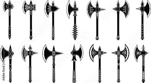 Collection of Medieval Battle Axe Silhouettes Vector Set, Diverse Viking Warrior Weapons, Black and White Fantasy Polea
