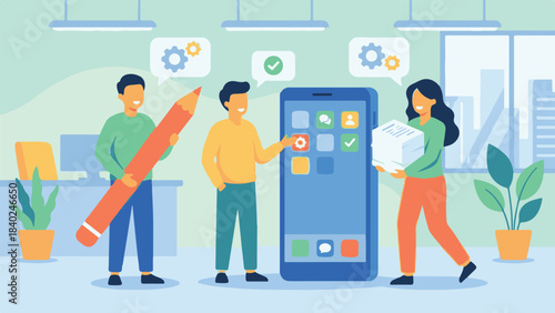 People collaborating on mobile app development and design in an office