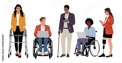 Set of diverse professionals with disabilities in business attire, using wheelchairs, a walker, cane, and prosthetic leg. Minimalist flat vector illustration  isolated on transparent background
