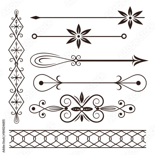 Cute Hand drawn big vintage flower ornament text dividers, arrows, flourishes and laurel vector design elements set for decoration
